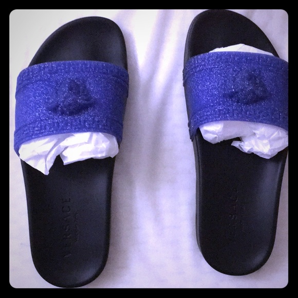 blue versace slides